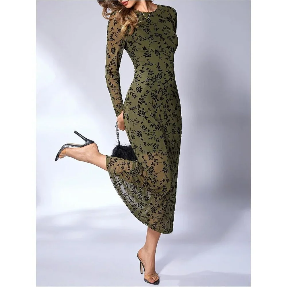 Women's Army Green Floral Mesh Elegant Formal Long Sleeve Cocktail Maxi Dresses